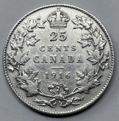 1916 Canada Silver 25 Cent, VF Condition Cleaning. D-391 - Image 1 of 2