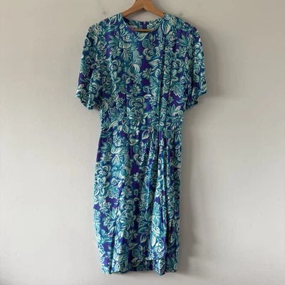 Vintage 80s Retro Floral Modest Colorful Whimsy Silk Knee Length Dress Size 8 - Image 1 of 4