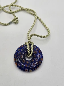 Millefiori Murano Glass Blue Floral Pendant Green Cord Necklace - Picture 1 of 10