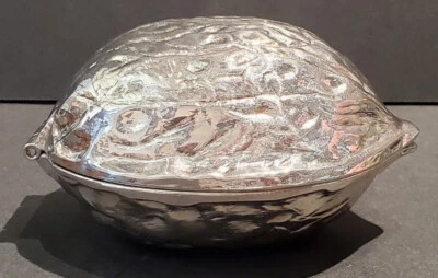 Vintage Pewter Nutcracker Silver Tone Metal Walnut Nut Shaped Hinged  - Image 1 of 4