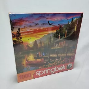 Springbok Jigsaw Puzzle 1000pc Cabin Evening Sunset Complete Cabin Canoe Cat Dog - Picture 1 of 6
