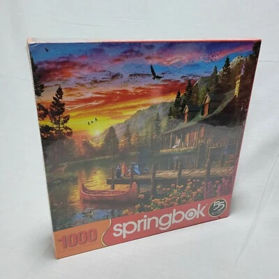 Springbok Jigsaw Puzzle 1000pc Cabin Evening Sunset Complete Cabin Canoe Cat Dog - Image 1 of 4