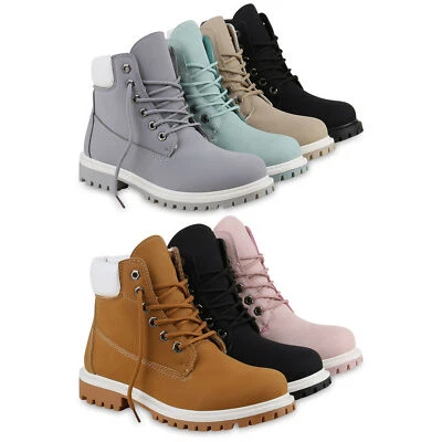 MARKENLOS Modische Damen Outdoor Stiefeletten Worker Boots Profilsohle 816130 Schuhe