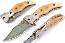 Custom Damascus Folding Knife with camelbone handle push loack Engraved Bolster