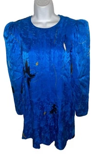 Vtg Flora Kung 80s 100% Silk Floral Jacquard Puff Sleeve Pleated Short  Dress 6 - Picture 1 of 7