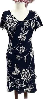 Vestido recto SL Fashions para mujer azul marino floral forrado en capas manga gorra talla 8 Foto 1 de 4