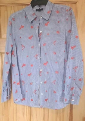 Camisa Lord & Taylor para mujer con botones azul marino a rayas con flores rojas PXL, elástica Foto 1 de 4