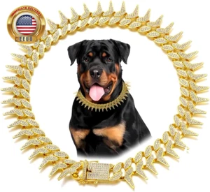 Dog Chain Collar, Side Spiked Style Necklace Bling Diamond Cuban Link Dog Collar - Picture 1 of 5