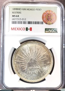 1898 MEXICO SILVER 1 PESO RESTRIKE CAP AND RAYS NGC MS 64 BEAUTIFUL BU COIN - Picture 1 of 3