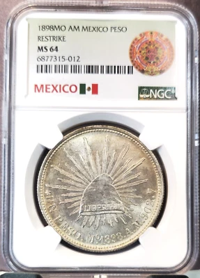 1898 MEXICO SILVER 1 PESO RESTRIKE CAP AND RAYS NGC MS 64 BEAUTIFUL BU COIN - Image 1 of 3