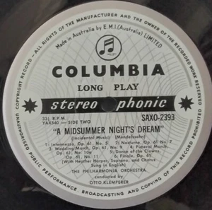 COLUMBIA SAX 2393 AUS ED 1 MENDELSSOHN KLEMPERER MIDSUMMER NIGHT'S DREAM LP - Picture 1 of 3