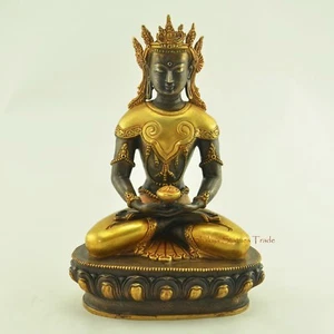 10.25" Crowned Amitabha Buddha Oxidized Copper Alloy Gold Gilded Statue, Patan - Picture 1 of 4