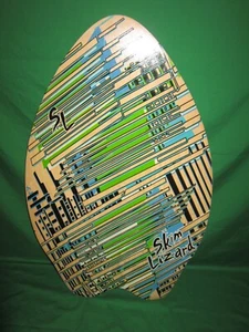 Blue, Green and Black Abstract Stripe Wood Skim Lizard Skimboard - Picture 1 of 2