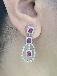 Deal! 4.90 CTW: Genuine Ruby & Natural Diamond Dangling Earrings 14K White Gold - Picture 1 of 10