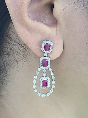 Сделка! 4,90 CTW: подлинный рубин и натуральный бриллиант висячие серьги 14K белое золото - Изображение 1 из 4