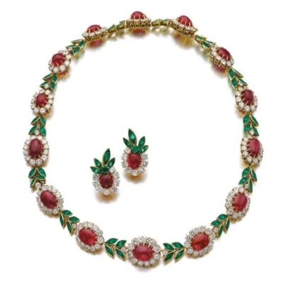 Brilliant Cut CZ and Lab Ruby Emerald 925 Silver Halo Style Tennis Necklace Set - Image 1 of 4