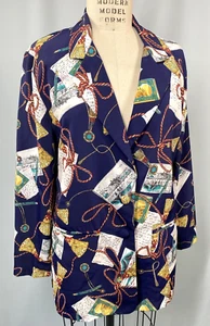 Vintage Women’s Jacket SIZE MEDIUM blue post card writing tassel 80s 90s - Picture 1 of 10
