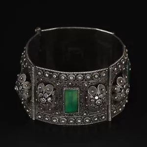 VTG Sterling Silver JERUSALEM ISRAEL Cannetille Emerald 6.5" Panel Bracelet 56g - Picture 1 of 5