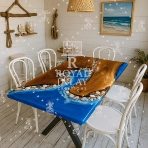 Ocean Epoxy Dining Table – Blue Resin River Table with Pebbles & Live Edge Wood - Picture 1 of 13
