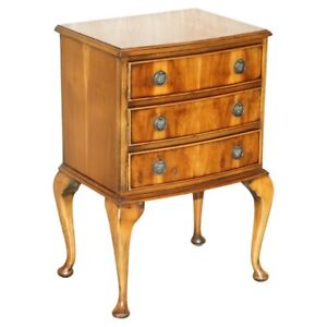 Circa 1940'S Burr Yew Wood Bow Fronted Bedside Side Table Chest Of Drawers
