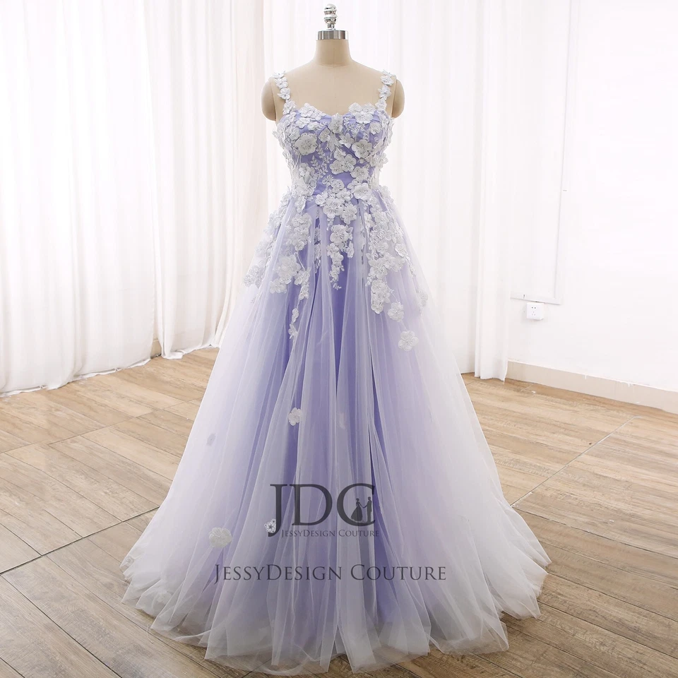 2025 Bohemio Lila Marfil 3D Flores Vestido de Novia Vestido de Novia Hecho a Medida Corsé Foto 1 de 4