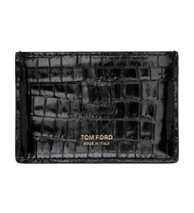 Tom Ford Credit Card Wallet Black Crocodile Print Leather Embossed Gold Logo - Picture 1 of 4