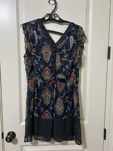 DR2 Daniel Rainn Dress Women's Size L Navy Paisley Print V-Neck Elastic Waist - Picture 1 of 5
