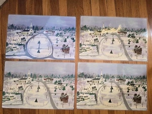 Volkskunst Winter Urlaub Szene laminierte Tischsets 17"×14" 4er Set signiert - Bild 1 von 9
