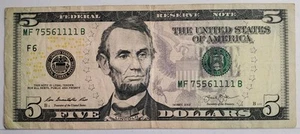 LUCKY 1111 $5 Five Dollar Bill Fancy Serial Number Series 2013 SN: MF75561111B - Picture 1 of 2
