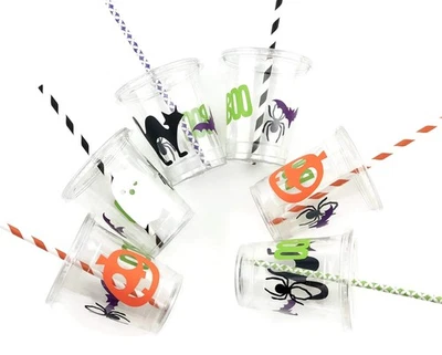 Halloween Cups - 12 Plastic Lids Straws Pumpkin School Harvest Party Supplies - Image 1 of 4