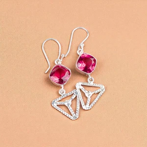 Pink Tourmaline Gemstone 925 Sterling Silver Jewelry Handcrafted Earrings 2.00" - Picture 1 of 6