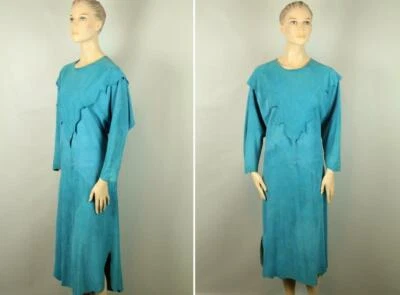 Rare NATASA LEDER FASHION Germany Aqua Blue Genuine Suede Leather Shift Dress M - Image 1 of 4