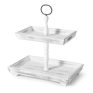 Decorative Two-Tiered Tray Stand for Farmhouse Kitchen White Serving Tray Decor - Picture 1 of 6