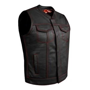 premium Black Women's Leather Vest Biker Red Thread Paisley Lining Waistcoat - Picture 1 of 6