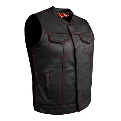premium Black Women's Leather Vest Biker Red Thread Paisley Lining Waistcoat - Image 1 of 4