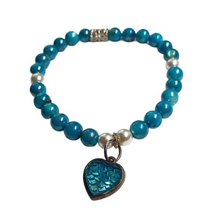 Elegant Teal Minimalist Beaded Bracelet with Charm-7.5 inch Stretchy - Picture 1 of 3