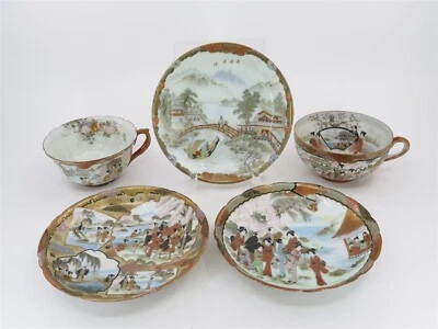 Lote de 5 tazas y platillos de té de porcelana Satsuma firmados pintados de la era Meiji japoneses Foto 1 de 4