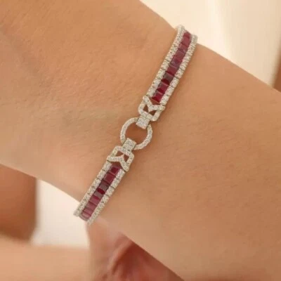 12 ct Princess Cut Created Ruby & Diamond 14K Yellow Gold Plated Tennis Bracelet - Image 1 of 4