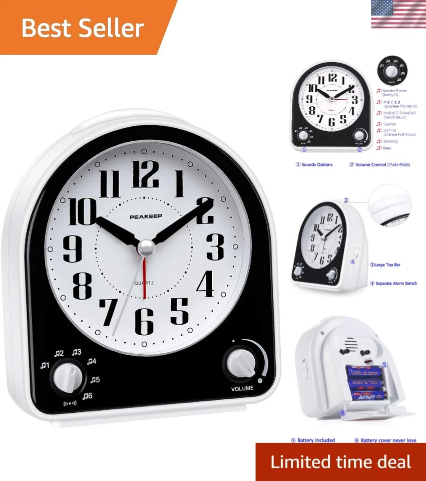 Non-Ticking Oval Alarm Clock with Snooze & 7 Wake Sounds - Perfect for Bedrooms - Image 1 of 4