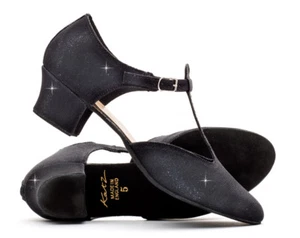 Ladies Girls Black Glitter Cuban Heel Dance Greek Sandal Ballroom Shoe By Katz - Picture 1 of 12