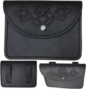 BLACK KILT BELT POUCH WITH CELTIC EMBOSSED 100% REAL LEATHER SPORRAN /POUCH - Picture 1 of 11