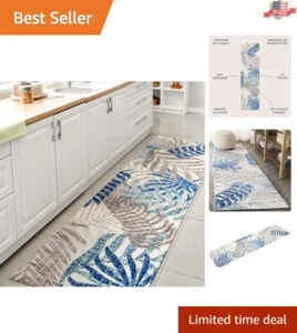Gray/Blue Tropical Palm Leaf Rug - Easy-Clean Non-Slip Design for High Traffic - Picture 1 of 11