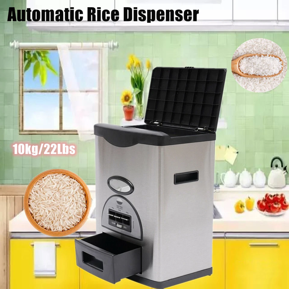 Dispensador automático de arroz de 10 kg sellado contenedor de arroz de acero inoxidable almacenamiento Foto 1 de 4