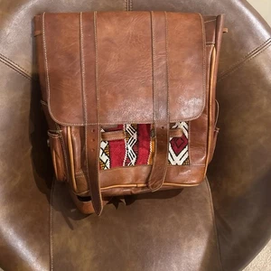 Handcrafted Moroccan Leather Bag Backpack Boho Kilim Wool Carpet Rug - Picture 1 of 6
