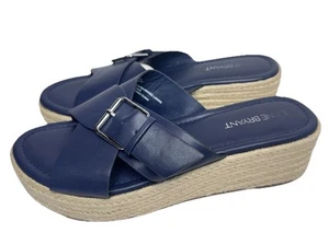 Espadrille Wedge Sandals Sz 9 Wide Lane Bryant Navy Faux-Leather Buckle - Picture 1 of 12