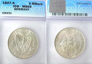 Germany 1927 A 3 Marks, Bremerhaven, Gem ICG 64 PQ, Rare Grade, Low Mintage - Picture 1 of 1