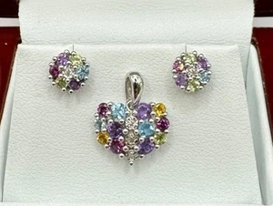 14ct White Gold Diamond & multi-coloured Gemstone Heart Pendant and Earrings Set - Picture 1 of 7