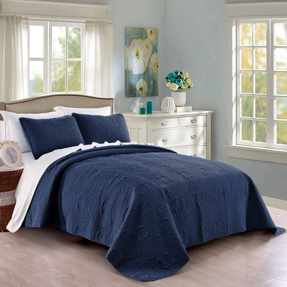 Pure Bedding Quilt Set Full/Queen Size Navy - Oversized Bedspread - Soft Microfi