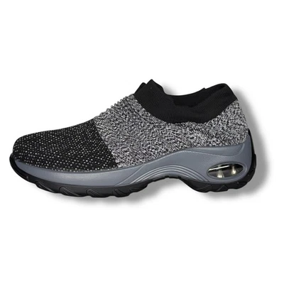 Zapatos para caminar de malla sin cordones para mujer negros/grises cómodos cuña - talla US 10 Foto 1 de 4