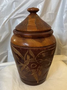 Vintage 1979 Haitian Hand Crafted Wooden Jar w/ Lid Carved Beautiful condition  - Picture 1 of 10